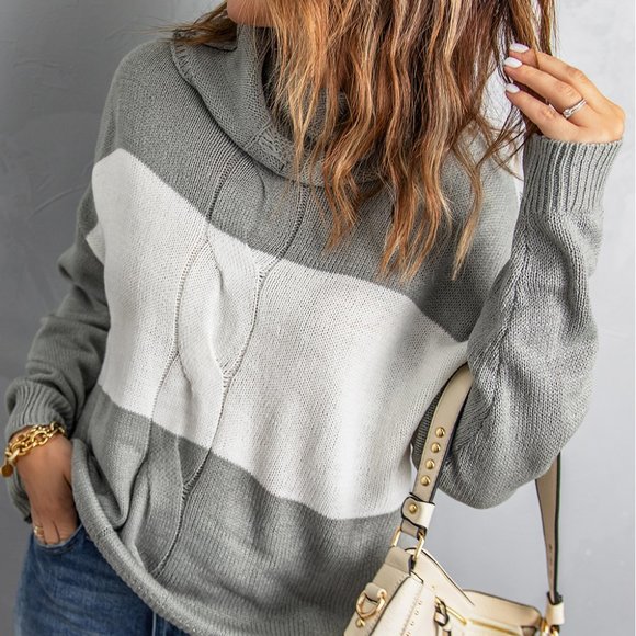Sweaters - Gray Colorblock Turtleneck Loose Knitted Sweater